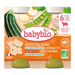 Piure bio din mazare, dovlecel si vitel +6 luni, 2 x 200g, BabyBio