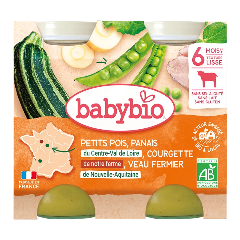 Piure bio din mazare, dovlecel si vitel +6 luni, 2 x 200g, BabyBio — preț și oferte