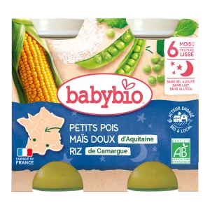 Piure de mazare, porumb dulce si orez Bio, 2 x 200g, BabyBio