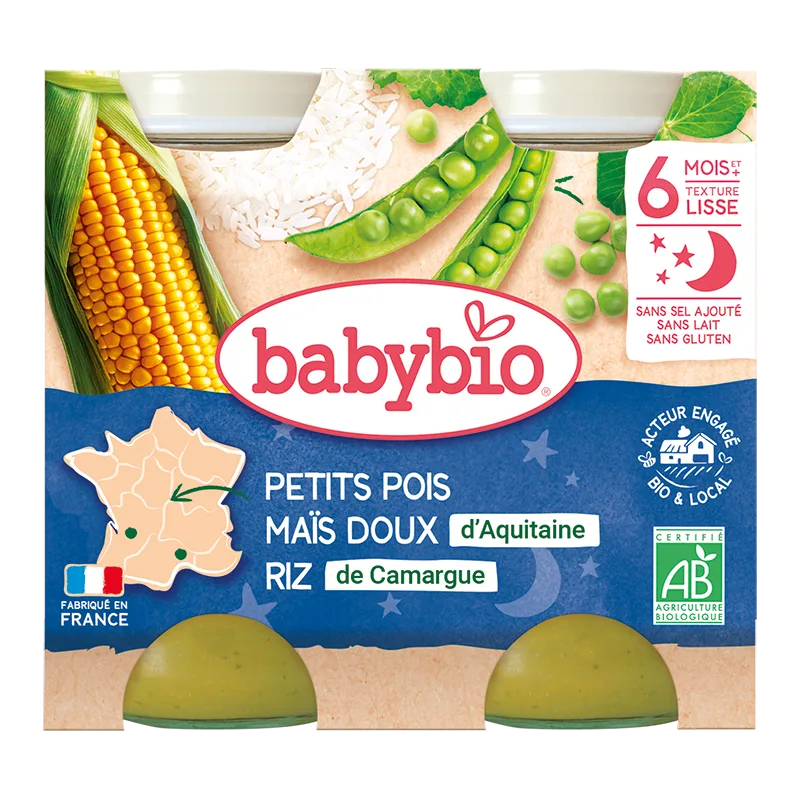 Piure de mazare, porumb dulce si orez Bio, 2 x 200g, BabyBio — preț și oferte