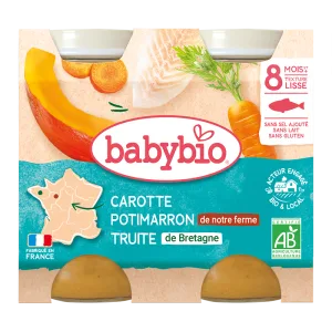 Piure cu pastrav, dovleac si morcov +8 luni Bio, 2 x 200g, BabyBio