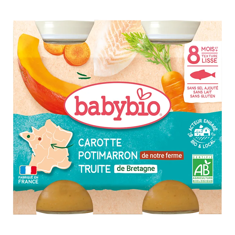 Piure cu pastrav, dovleac si morcov +8 luni Bio, 2 x 200g, BabyBio — preț și oferte