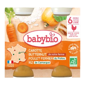 Piure de morcovi, pui si orez Bio, 2 x 200g, BabyBio