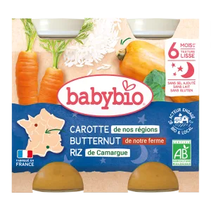 Piure de morcovi, dovleac si orez Bio, 2 x 200g, BabyBio