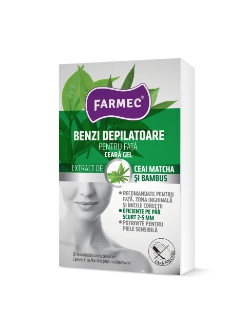Benzi depilatoare pentru fata cu ceara gel, 20 bucati + 2 servetele, Farmec — preț și oferte