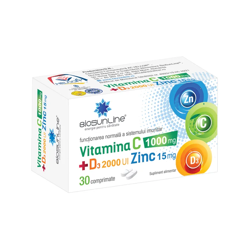 Vitamina C 1000mg + D3 2000UI + Zinc 15mg, 30 comprimate, BioSunLine — preț și oferte