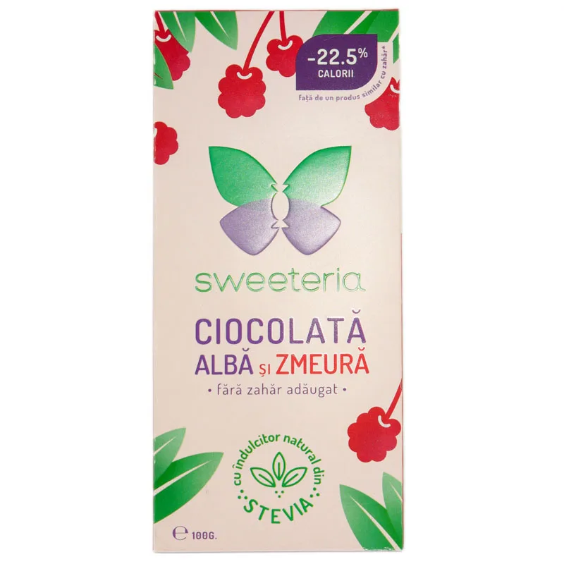 Ciocolata alba cu zmeura cu indulcitor din stevie, 100g, Sweeteria — preț și oferte