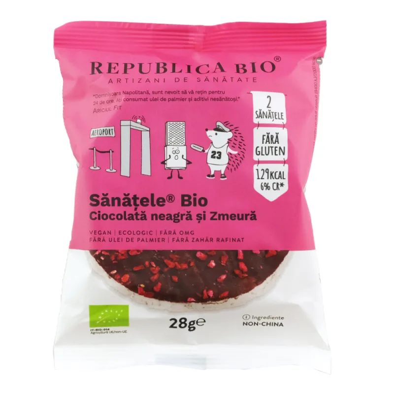 Sanatele bio cu ciocolata neagra, zmeura si orez brun fara gluten, 28g, Republica Bio — preț și oferte