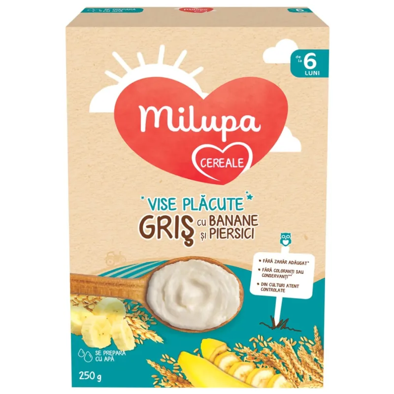 Cereale Vise Placute Gris cu banana si piersica, 250g, Milupa — preț și oferte