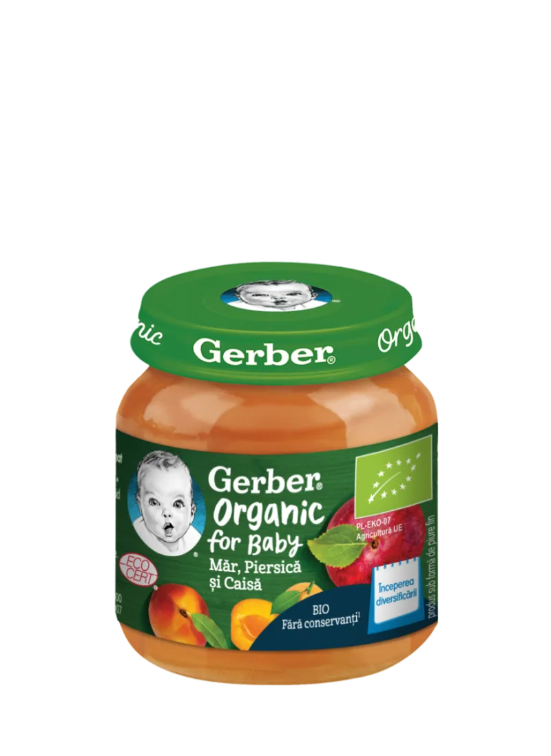 Piure Bio din mar cu piersica si caisa de la 4 luni, 125g, Gerber — preț și oferte