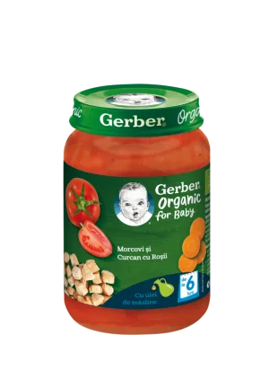 Piure Bio din morcovi cu rosii si curcan de la 6 luni, 190g, Gerber