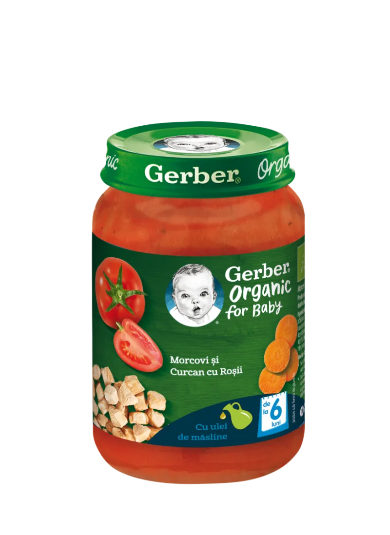 Piure Bio din morcovi cu rosii si curcan de la 6 luni, 190g, Gerber — preț și oferte