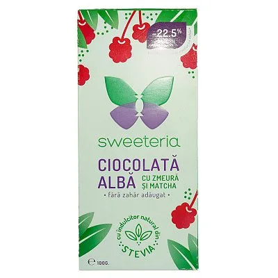 Ciocolata alba cu zmeura si matcha (Stevie si Erytrithol), 100g, Sweeteria — preț și oferte