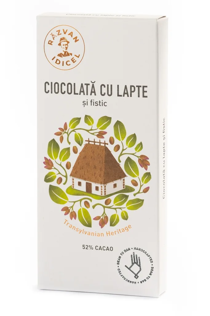 Ciocolata 54% cacao cu lapte si fistic, 80g, Razvan Idicel — preț și oferte