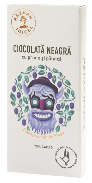 Ciocolata neagra 70% cacao cu prune si palinca, 80g, Razvan Idicel