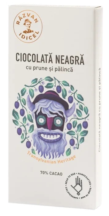 Ciocolata neagra 70% cacao cu prune si palinca, 80g, Razvan Idicel — preț și oferte