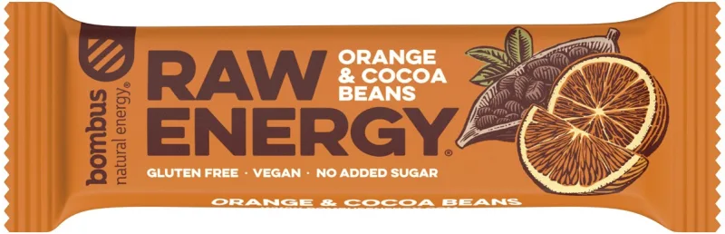 Baton proteic cu boabe de cacao si portocale Raw Energy, 50g, Bombus — preț și oferte