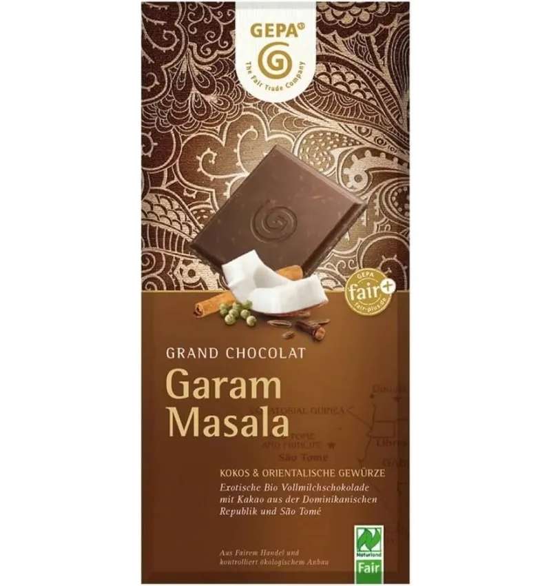 Ciocolata bio cu lapte, cocos si condimente orientale Garam Masala, 100g, Gepa — preț și oferte