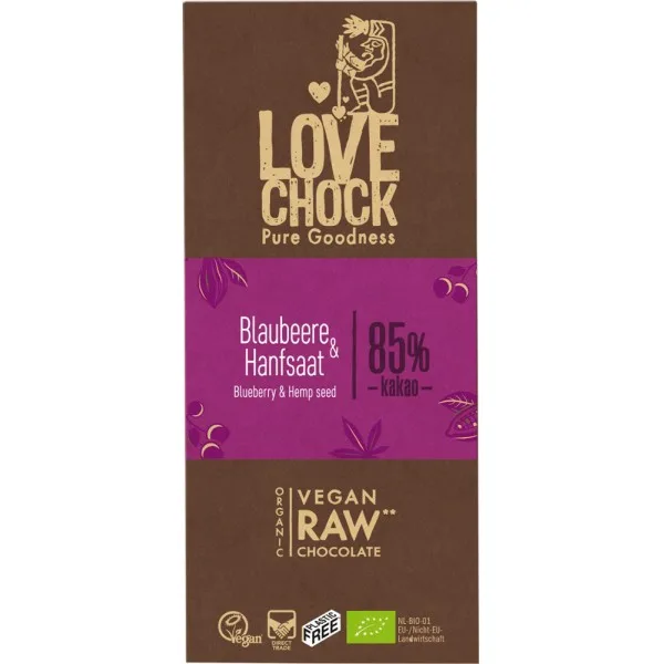 Ciocolata raw vegana cu afine si seminte de canepa, 70g, Lovechock — preț și oferte