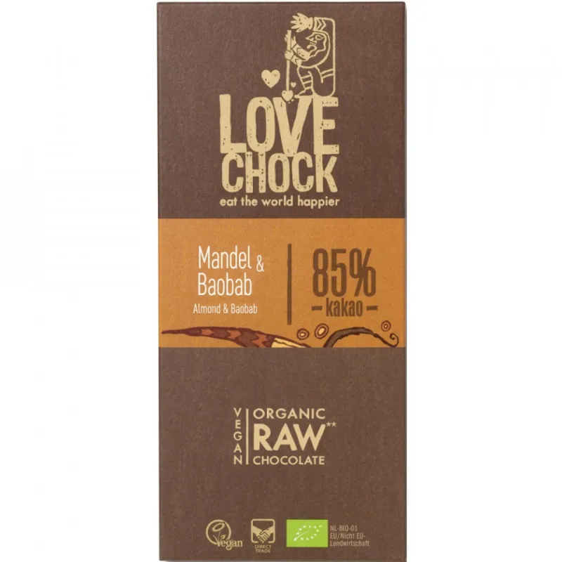 Ciocolata raw vegana cu migdale si baobab, 70g, Lovechock — preț și oferte