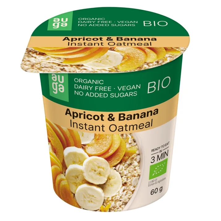 Porridge din ovaz integral cu caise si banane Bio, 60g, Auga — preț și oferte