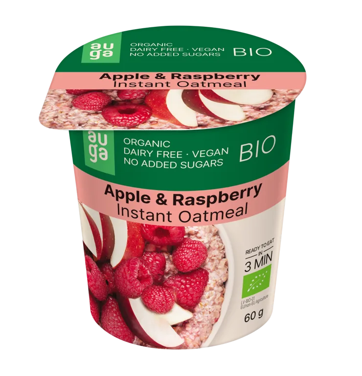 Porridge din ovaz integral cu mar si zmeura Bio, 60g, Auga — preț și oferte