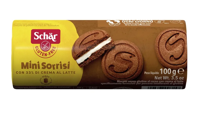 Biscuiti fara gluten cu cacao si crema de lapte Mini Sorrisi, 100g, Schar — preț și oferte