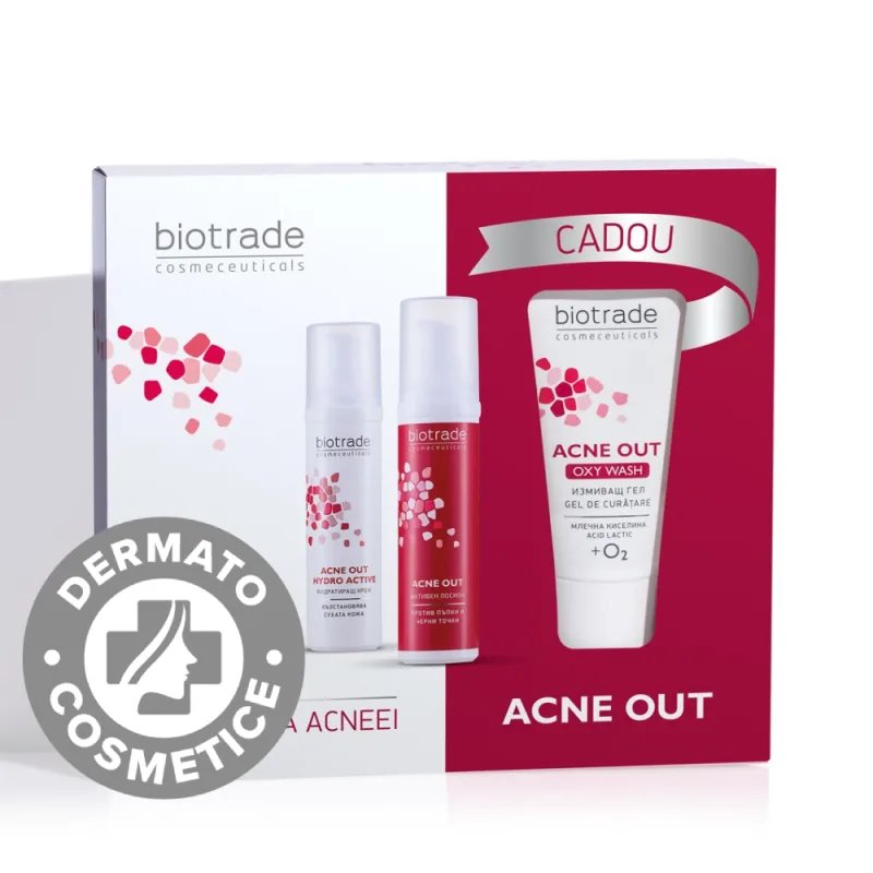 Pachet Acne Out Crema hidratanta pentru acnee Hydro Active, 60 ml + Lotiune pentru acnee, 60 ml + Gel de curatare, 50 ml Gratuit, Biotrade — preț și oferte