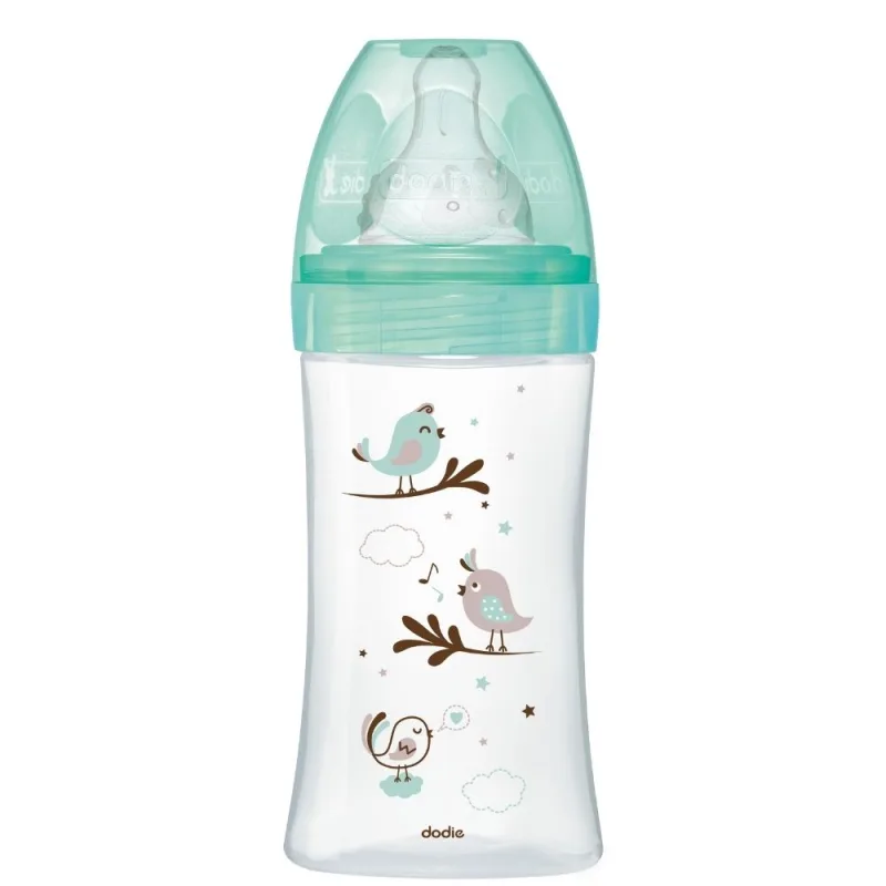 Biberon din sticla pentru initiere anti-colici 0-6 luni Debit 2 Pasari, 270ml, Dodie — preț și oferte