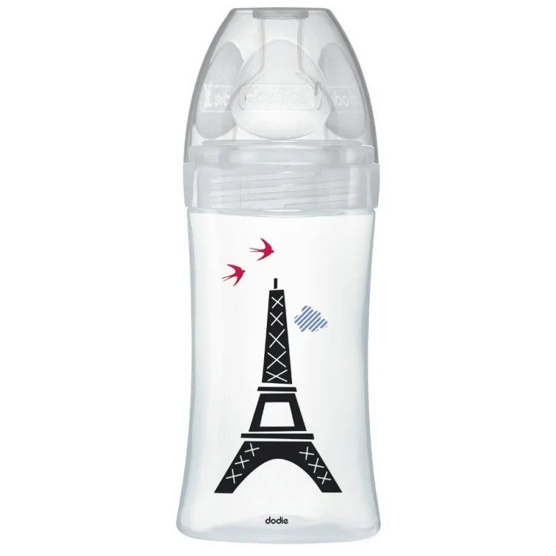 Biberon din sticla cu functie senzoriala si tetina plata anti-colici 0-6 luni Debit 2 Paris, 270ml, Dodie — preț și oferte