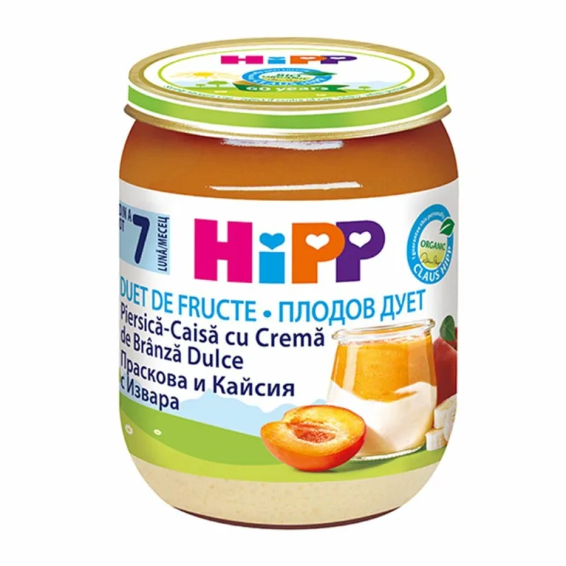 Piure Bio piersica și caise cu crema de branza Fruit-Duets, Gr. 7 luni, 160 g, Hipp — preț și oferte