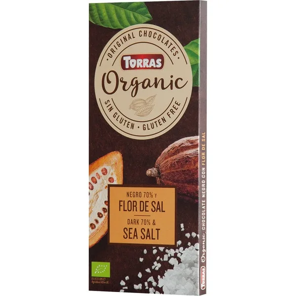 Ciocolata neagra cu sare de mare fara zahar si gluten 70% cacao Organic, 100g, Torras — preț și oferte