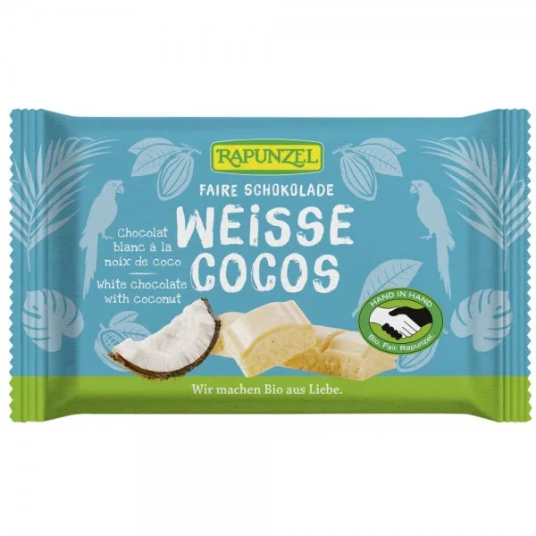 Ciocolata alba bio cu bucatele de cocos Cristalino, 100g, Rapunzel — preț și oferte