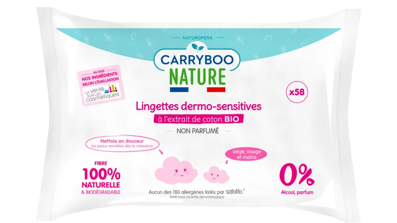 Servetele umede hipoalergenice fara parfum si cu extract de bumbac, 58 bucati, Carryboo — preț și oferte