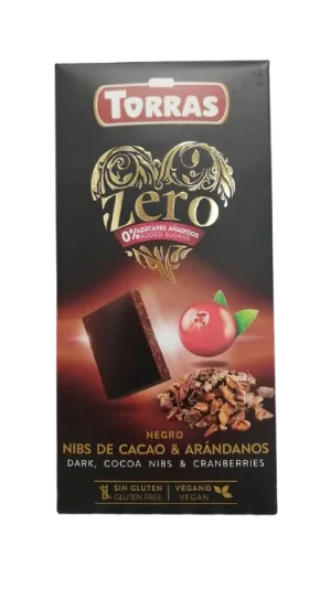 Ciocolata neagra cu merisoare fara zahar si gluten 52% cacao Zero, 125g, Torras