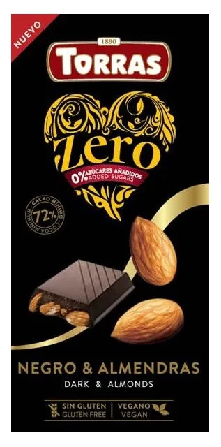 Ciocolata neagra cu migdale fara zahar si gluten 72% cacao Zero, 150g, Torras — preț și oferte