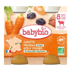Piure din carne de vacuta, morcovi si prune uscate Bio +8 luni, 2 x 200g, BabyBio