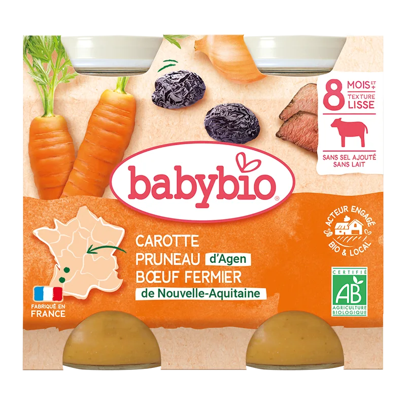 Piure din carne de vacuta, morcovi si prune uscate Bio +8 luni, 2 x 200g, BabyBio — preț și oferte