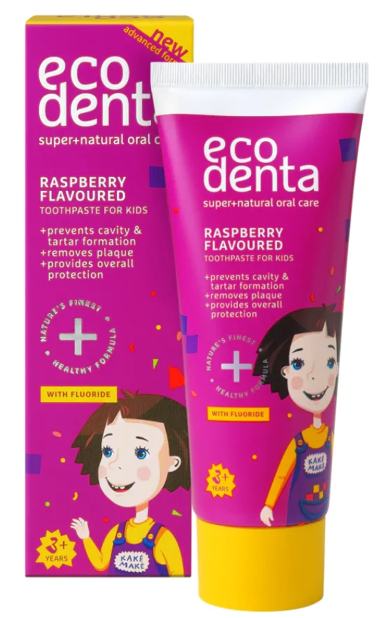 Pasta de dinti naturala pentru copii cu gust de zmeura contra tartu & carii, 75ml, Ecodenta — preț și oferte