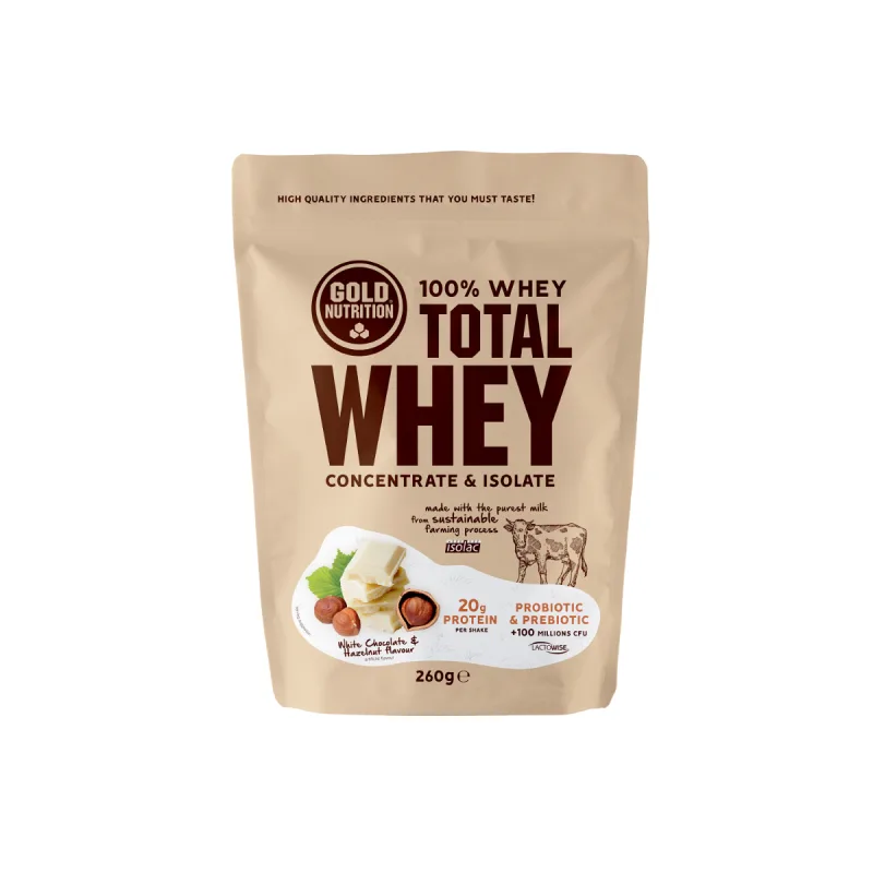 Pudra proteica Total Whey cu ciocolata alba si alune, 260g, Gold Nutrition — preț și oferte