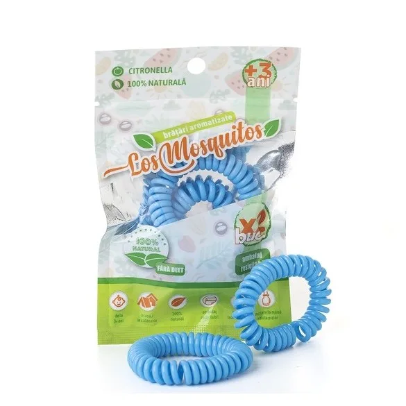 Bratari din silicon aromatizate cu citronella albastru, 2 bucati, Los Mosquitos — preț și oferte