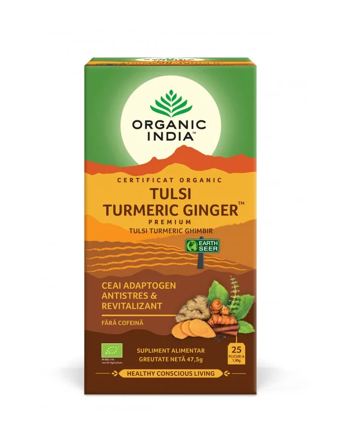 Ceai adaptogen turmeric si ghimbir, 25 plicuri, Organic India — preț și oferte
