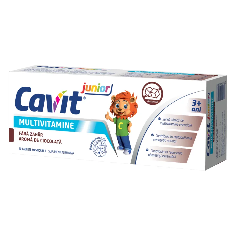 Multivitamine cu aroma de ciocolata fara zahar Junior, 20 tablete, Cavit — preț și oferte