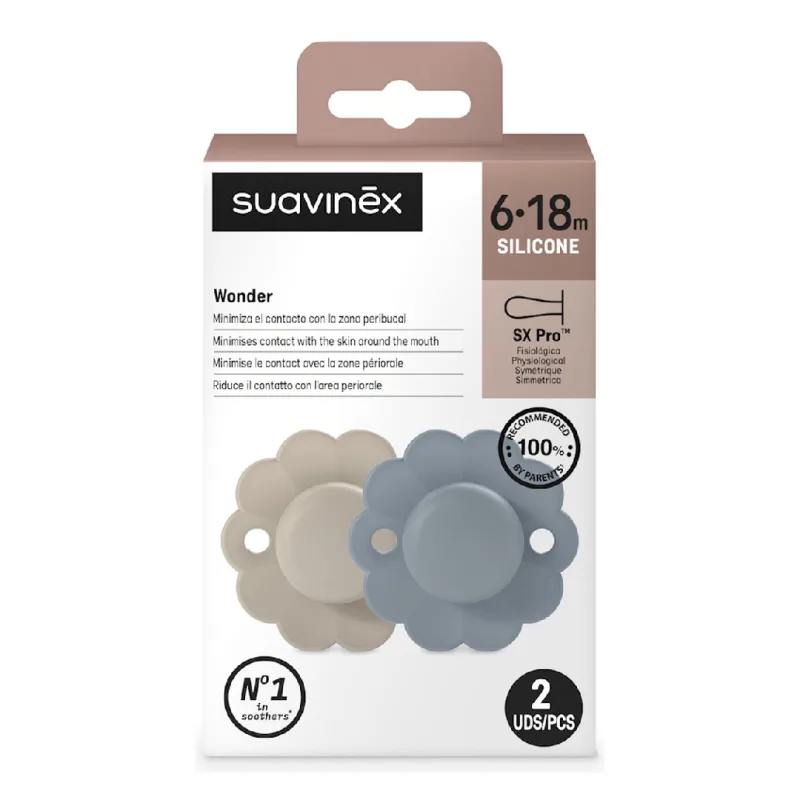 Suzeta fiziologica din silicon Wonder, 6-18 luni, gri-marine, 2 bucati, Suavinex — preț și oferte