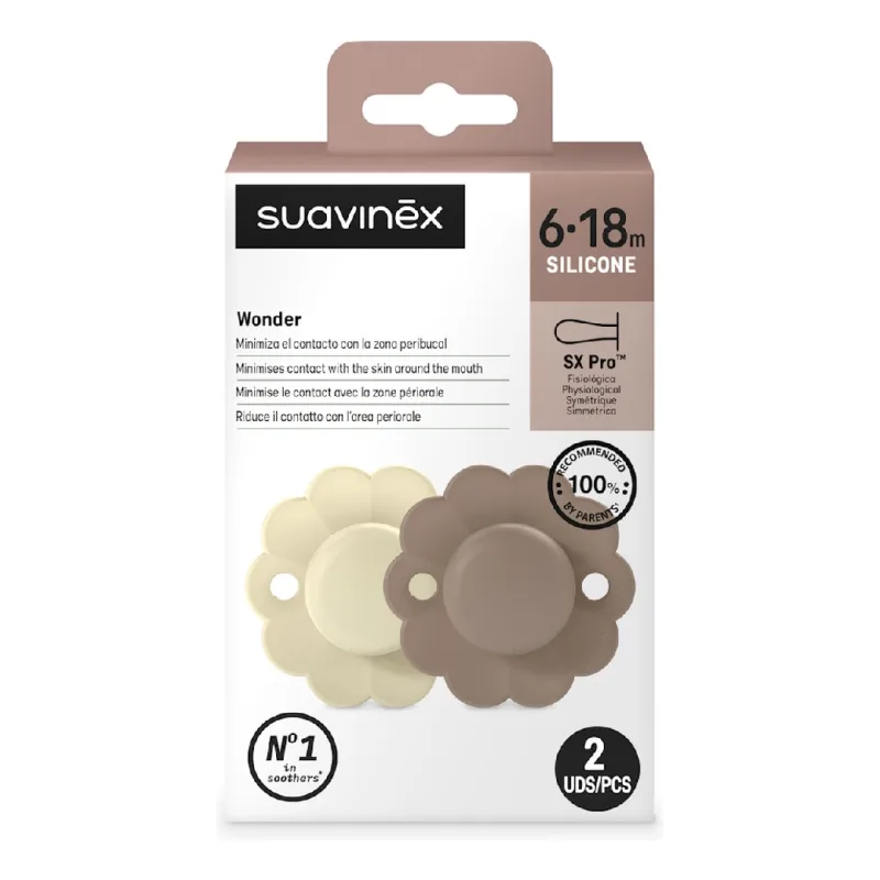 Suzeta fiziologica din silicon Wonder, 6-18 luni, crem-maro, 2 bucati, Suavinex — preț și oferte