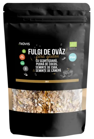 Fulgi de ovaz fini fara gluten cu scortisoara, cocos, chia si seminte de canepa Eco, 200g, Niavis
