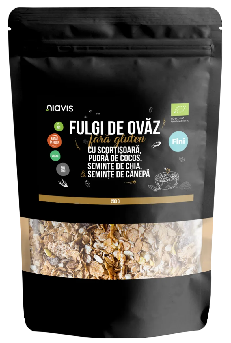 Fulgi de ovaz fini fara gluten cu scortisoara, cocos, chia si seminte de canepa Eco, 200g, Niavis — preț și oferte