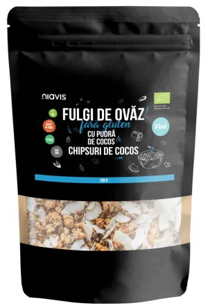 Fulgi de ovaz fini fara gluten cu pudra si chipsuri de cocos Eco, 200g, Niavis