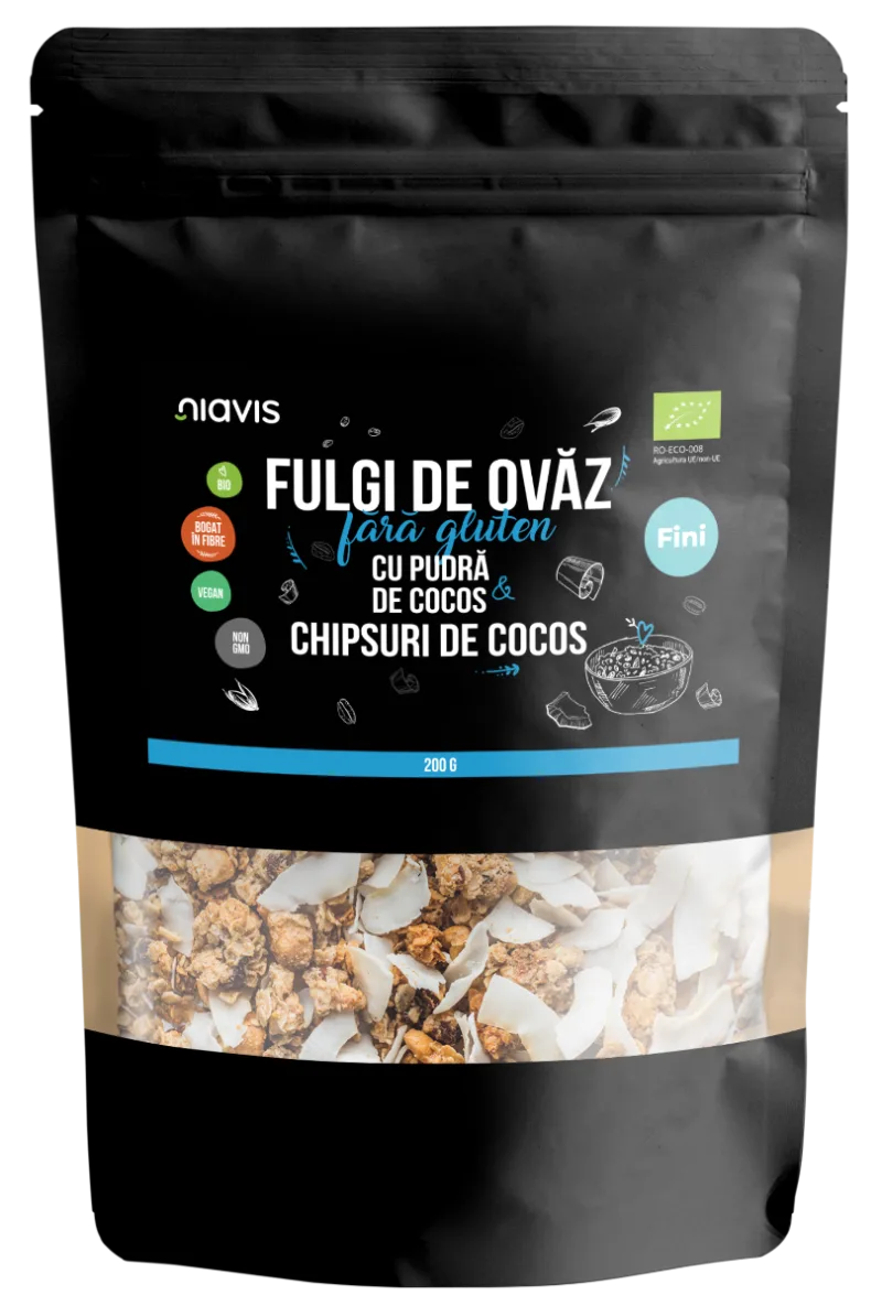 Fulgi de ovaz fini fara gluten cu pudra si chipsuri de cocos Eco, 200g, Niavis — preț și oferte