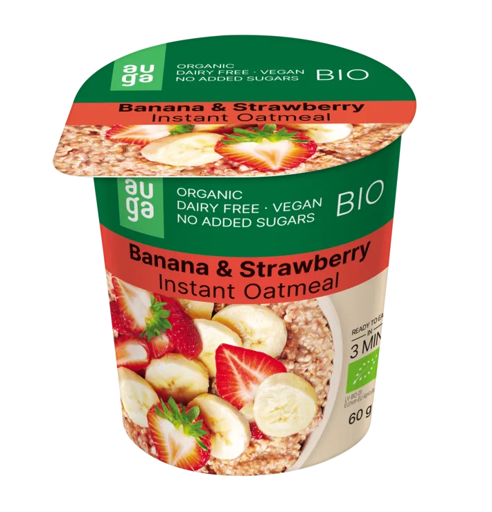 Porridge instant din ovaz integral banane si capsuni, 60g, Auga — preț și oferte